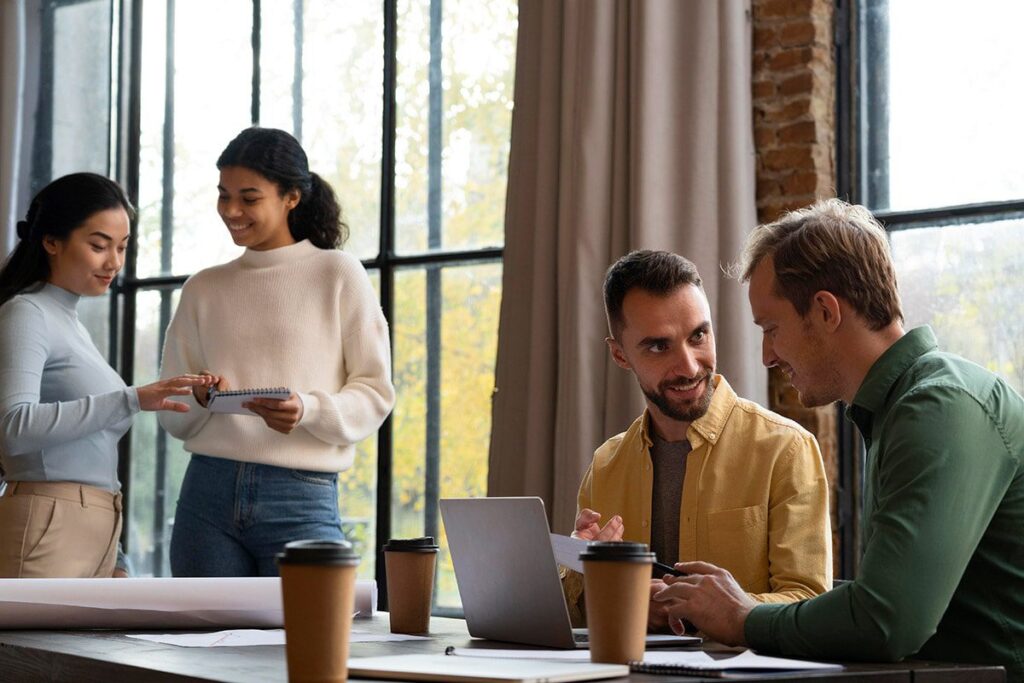 corporate workers brainstorming together