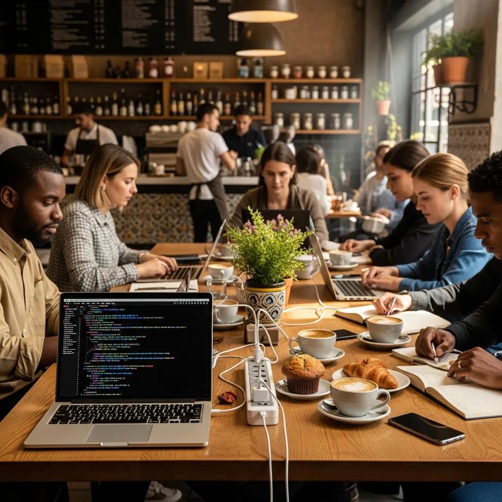 Interior of a busy Marbella coffee shop with power outlets and people working