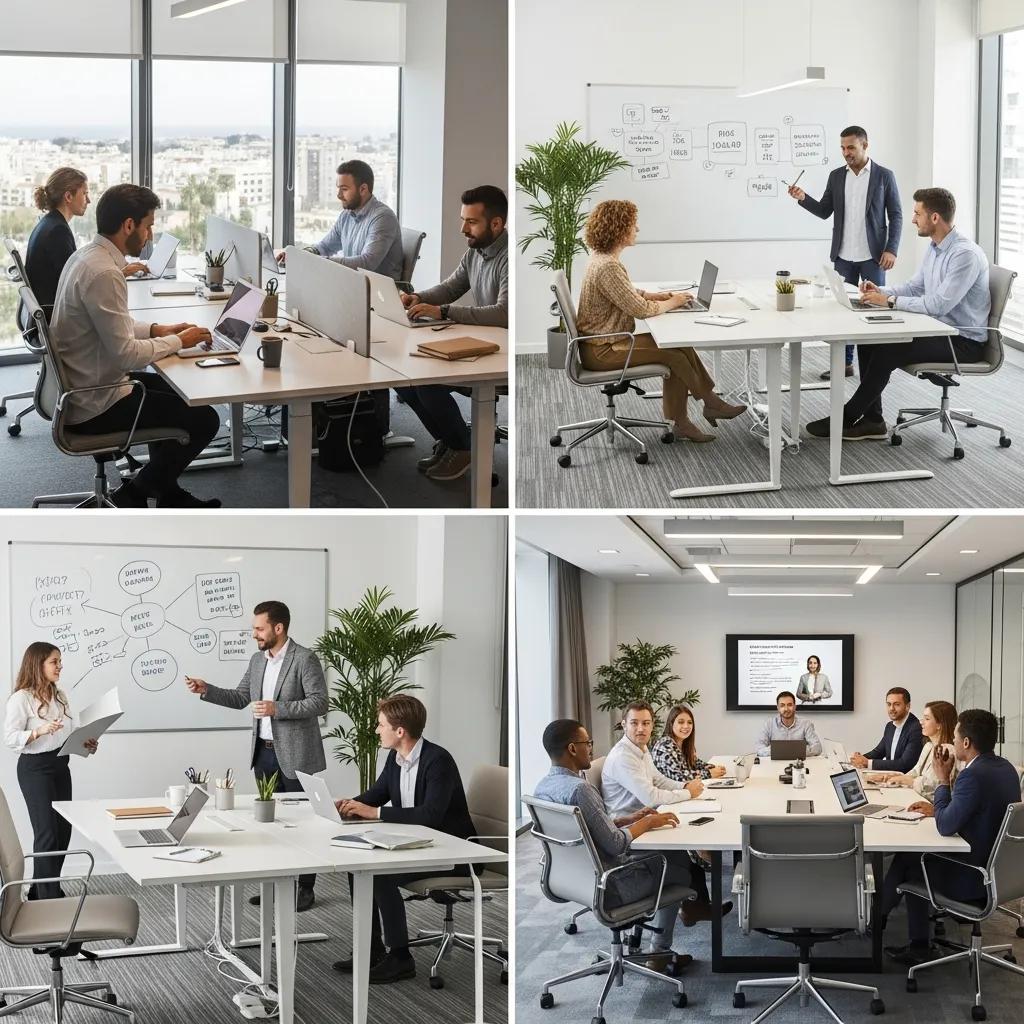 Various coworking membership options in Marbella showcasing hot desks and private offices