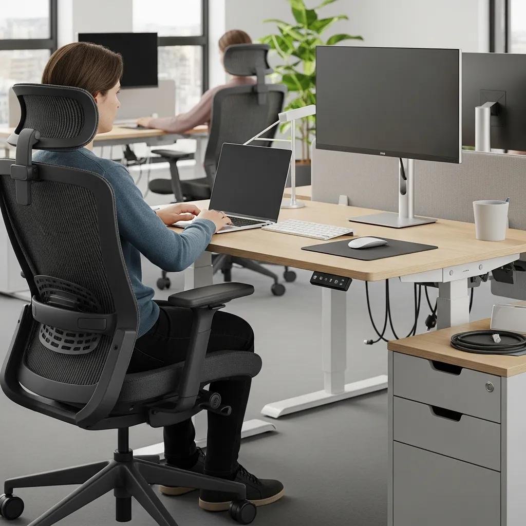 Ergonomic office furniture in a coworking space with a person working comfortably