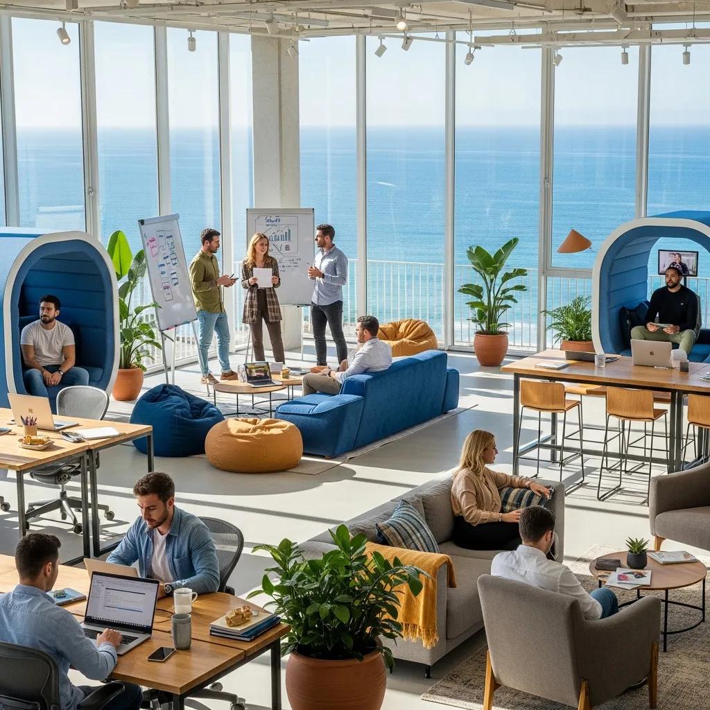Espacio de coworking moderno en Marbella, con personas trabajando y colaborando, vistas al mar Mediterráneo, áreas de descanso y escritorios compartidos.
