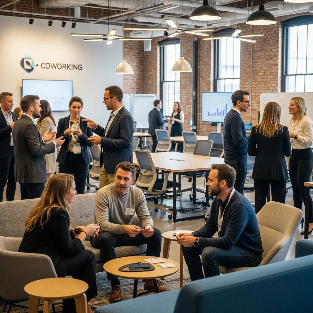 Networking event in a coworking space with professionals engaging and collaborating
