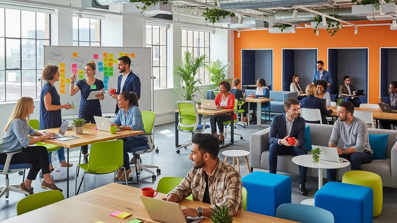 Diverse professionals collaborating in a coworking space to enhance mental wellbeing