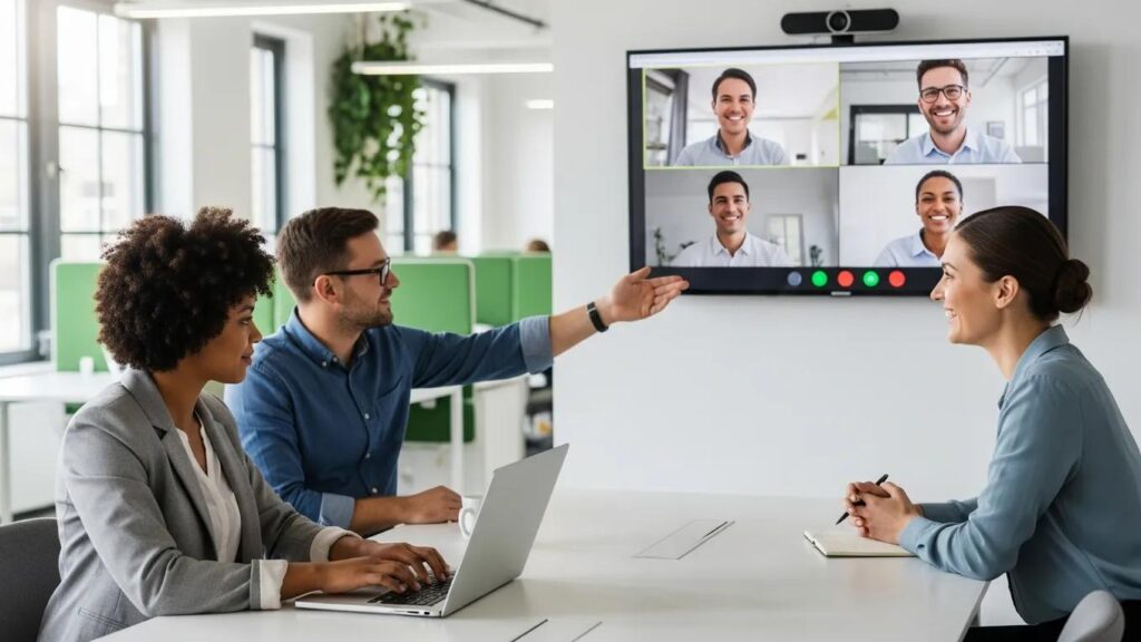Diverse professionals collaborating in a hybrid work environment, showcasing teamwork and communication