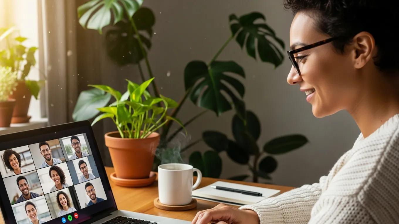 Individual participating in a video conference call from a cozy home office, highlighting remote communication