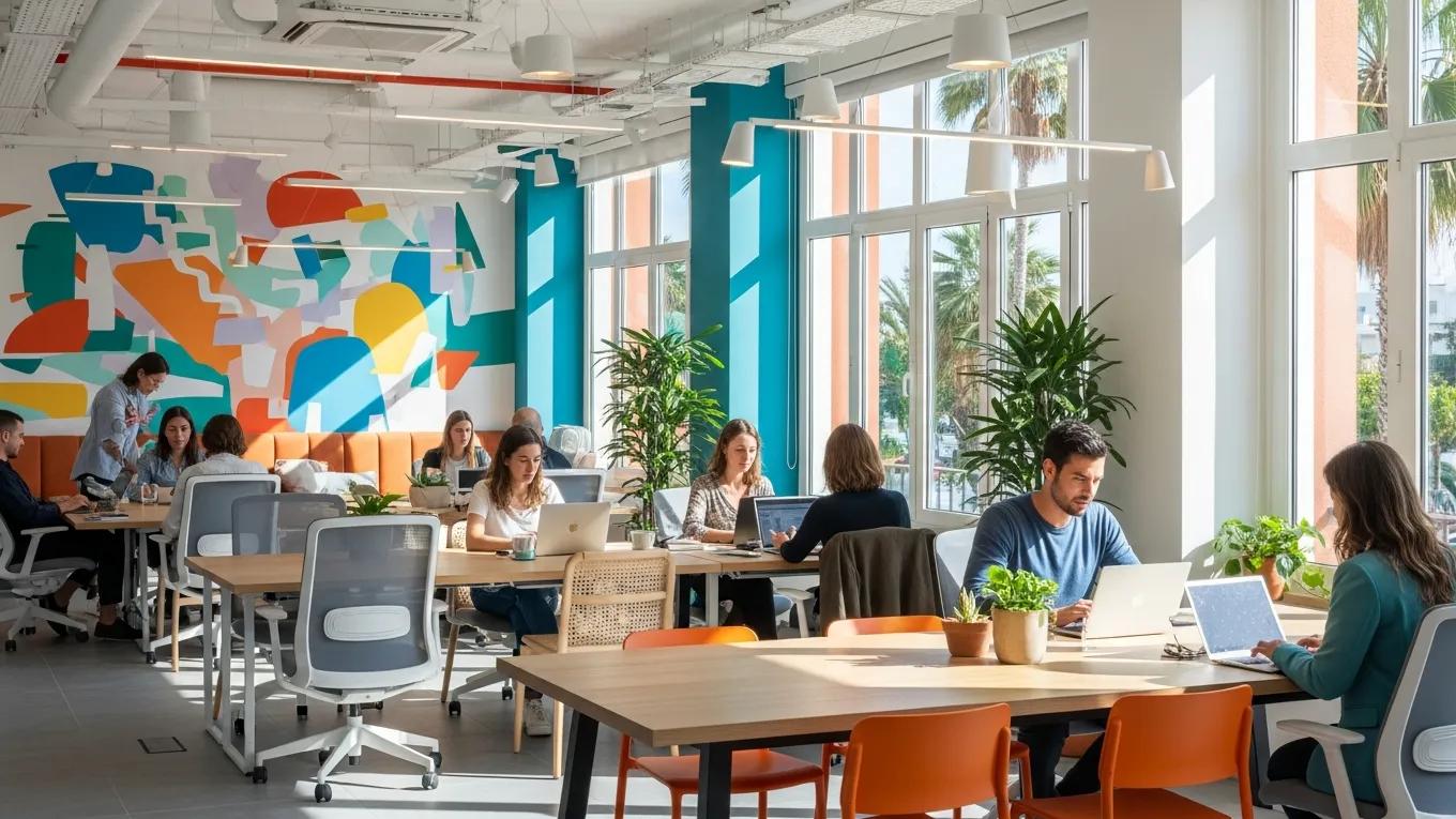 Modern coworking space in Marbella with professionals collaborating and vibrant decor