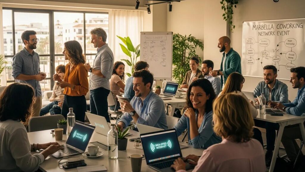 Remote professionals collaborating in a coworking space in Marbella, highlighting community support