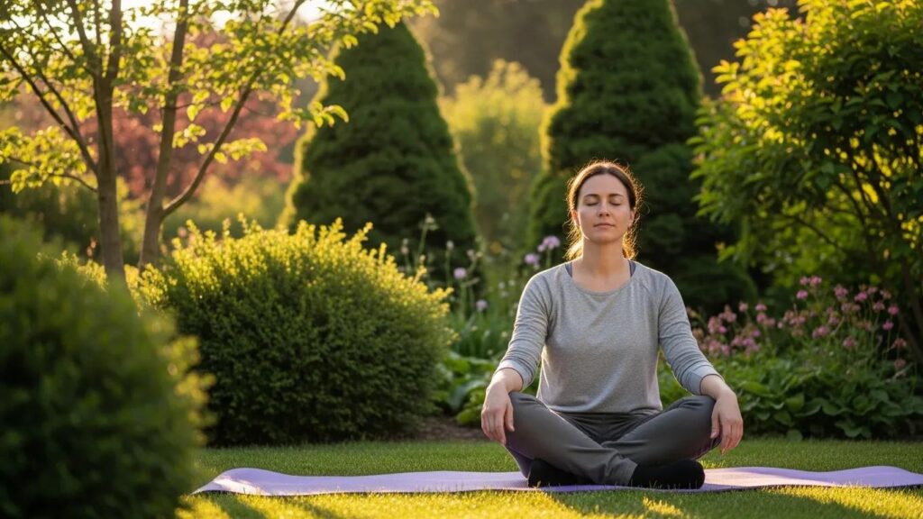 Remote worker practicing mindfulness outdoors to prevent burnout