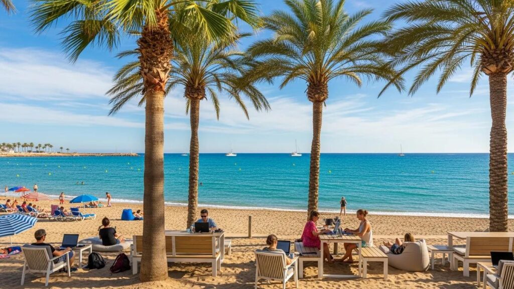 Stunning beach and coworking space in Costa del Sol, highlighting work-life balance