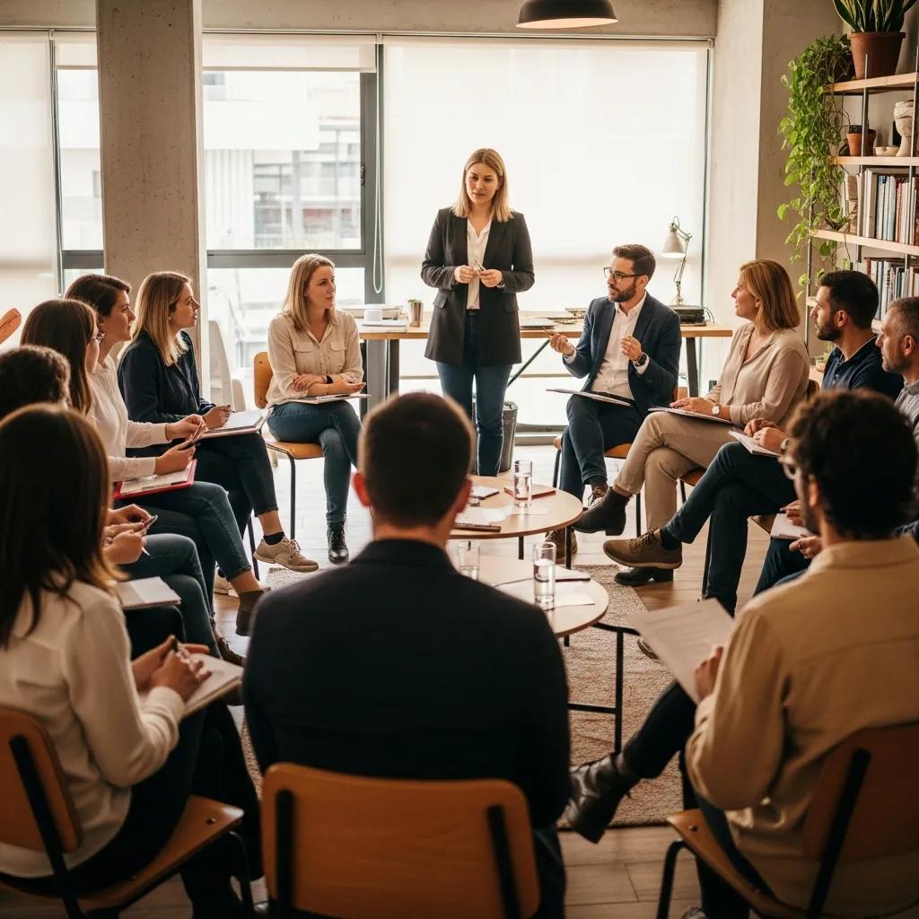 Workshop participants engaging in a collaborative session at a coworking space in Marbella