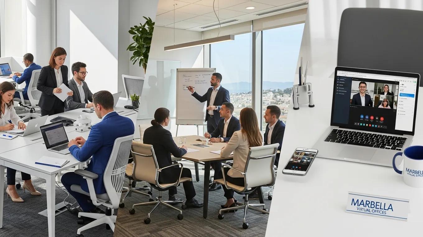 Selection of office setups in Marbella: hot desks, private offices, and virtual office services