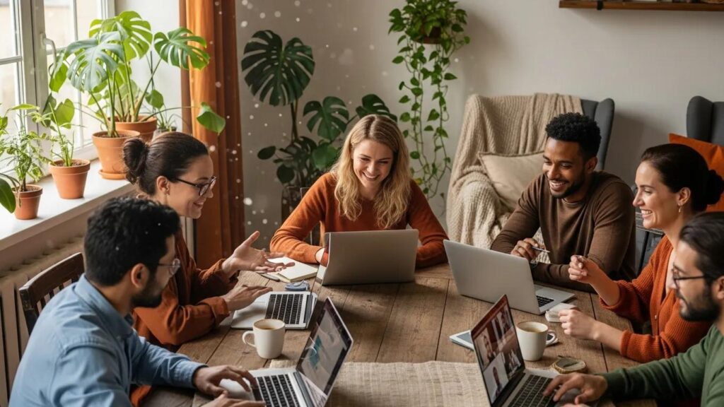 Diverse remote professionals collaborating in a cozy home office