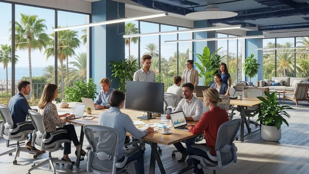 Bright Marbella coworking space with professionals collaborating in a modern shared office