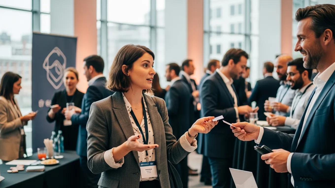 Freelancer networking with potential clients at an event, showcasing client acquisition strategies