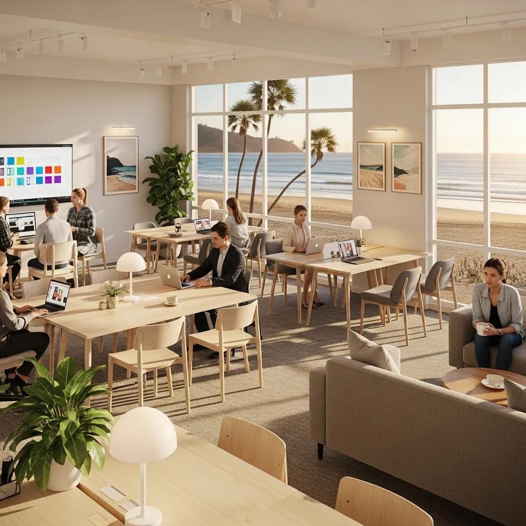 Modern coworking space with beach views, highlighting productivity and creativity
