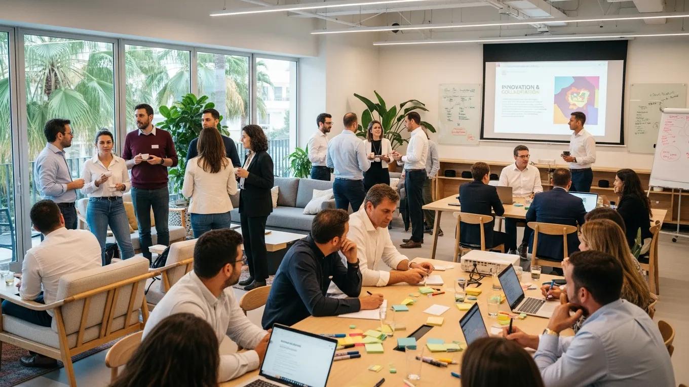 Networking and collaboration at a Marbella coworking event with professionals engaging