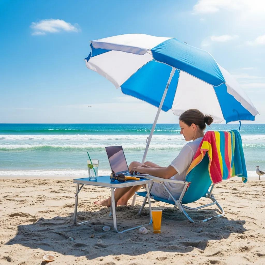 Person working on a laptop at the beach, illustrating the work-beach lifestyle balance