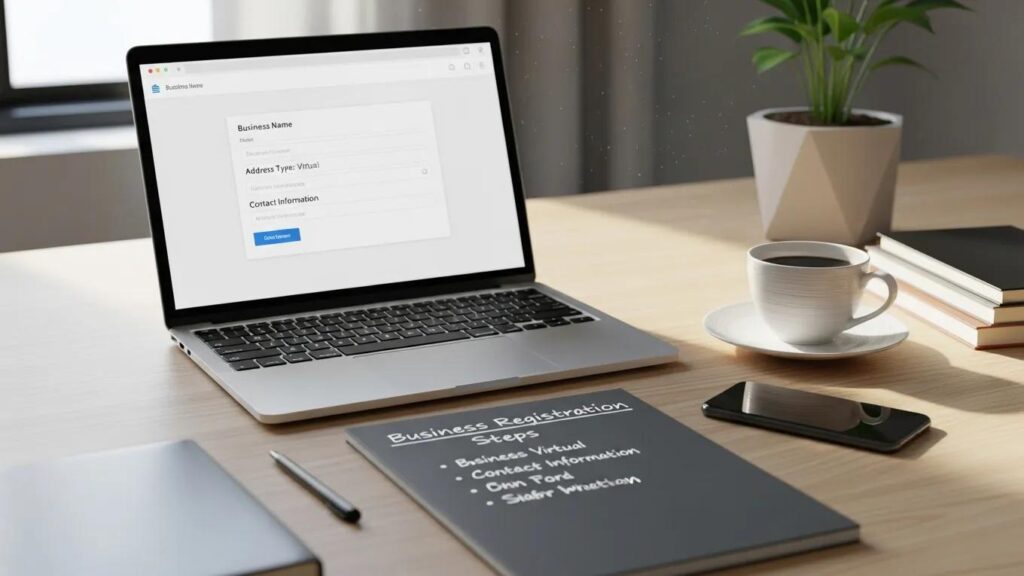 Professional workspace with laptop and notepad representing business registration