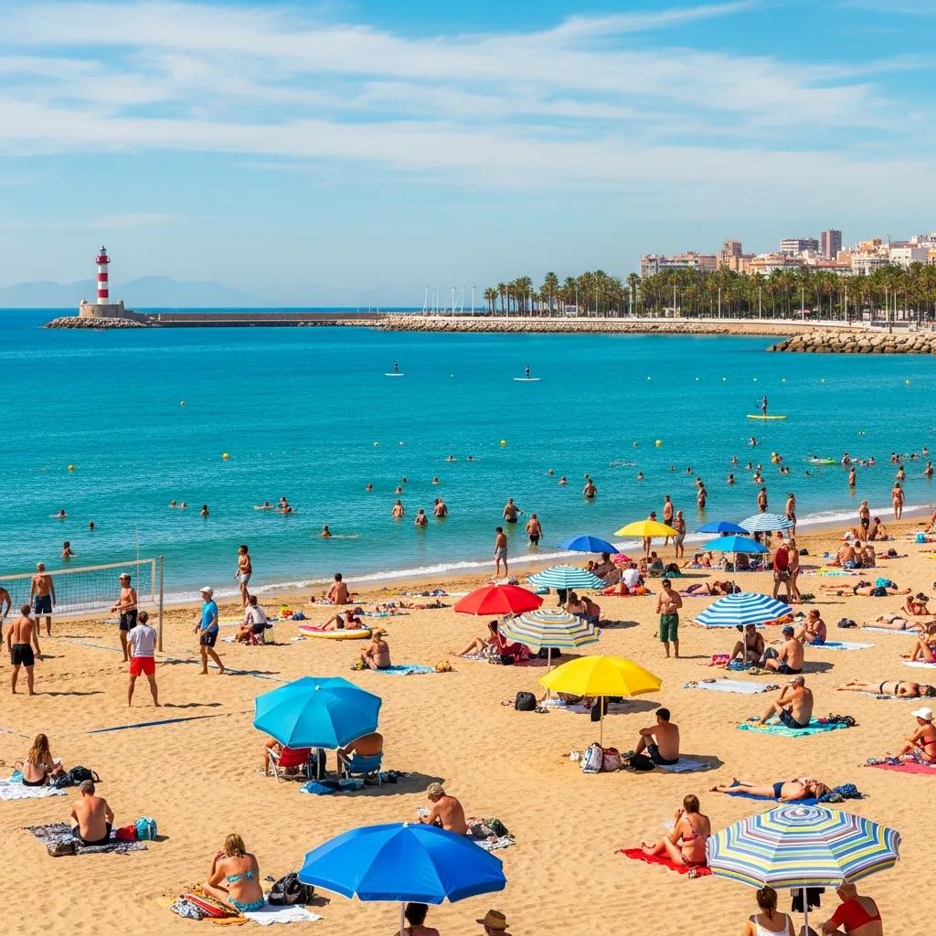 Vibrant beach scene at Playa de la Malagueta, representing the local lifestyle of Costa del Sol