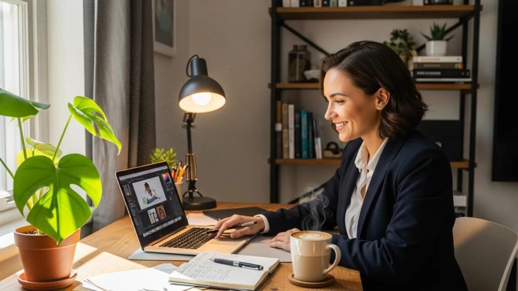 Young professional working on a laptop in a cozy home office, symbolizing the freelance business setup